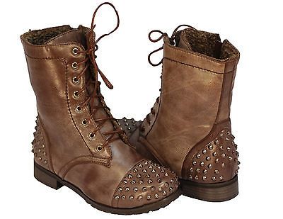 WOMEN FASHION Combat Army Military Riding Boot BROWNS Studded MID