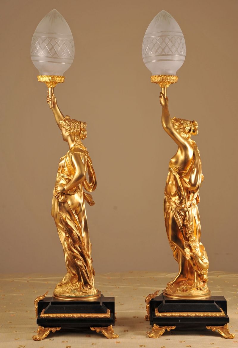 Pair French Ormolu Gregoire Classic Figurine Lamps Ligh