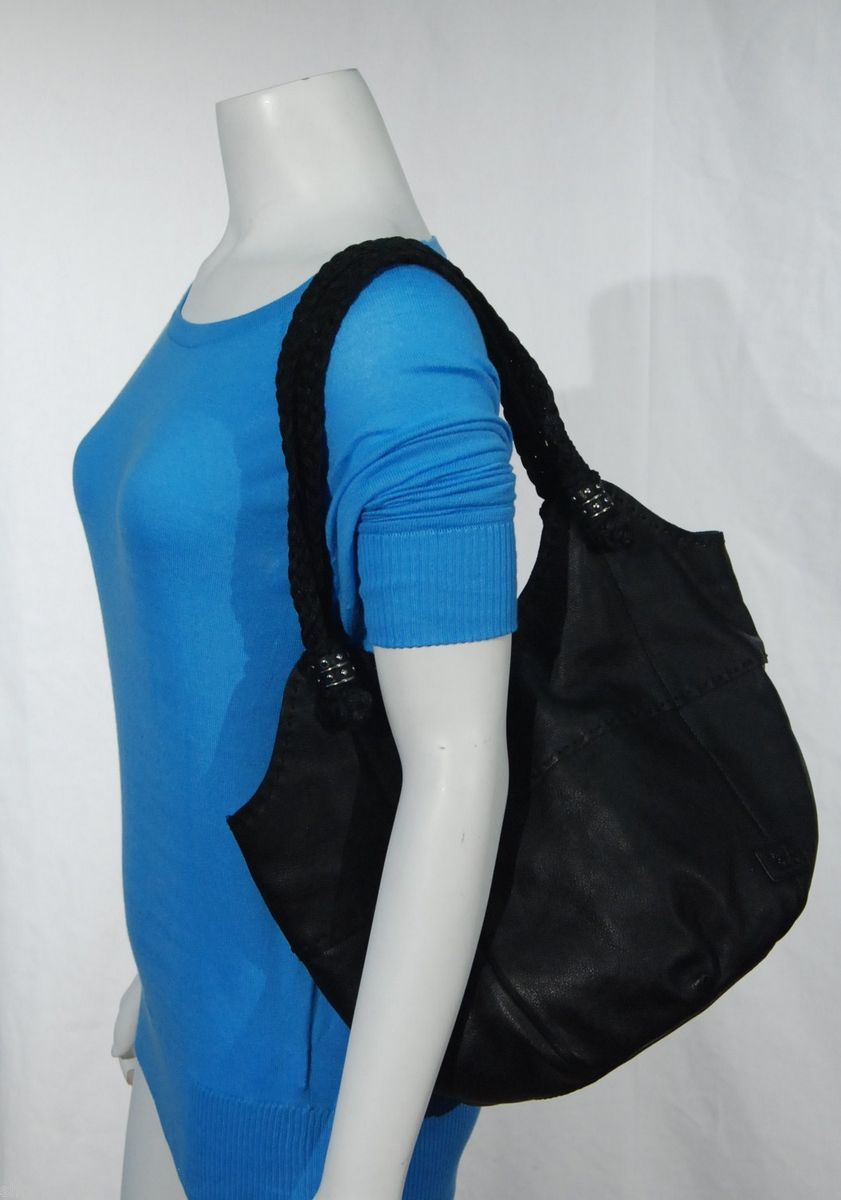 The Sak Indio Tote Black Pebbled Leather Hobo Hand Bag Braided Strap
