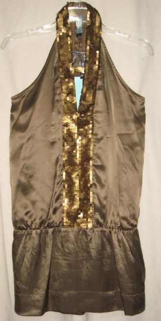 Jaloux Sexy Gold Sequin Front Silk Tunic Top s $115