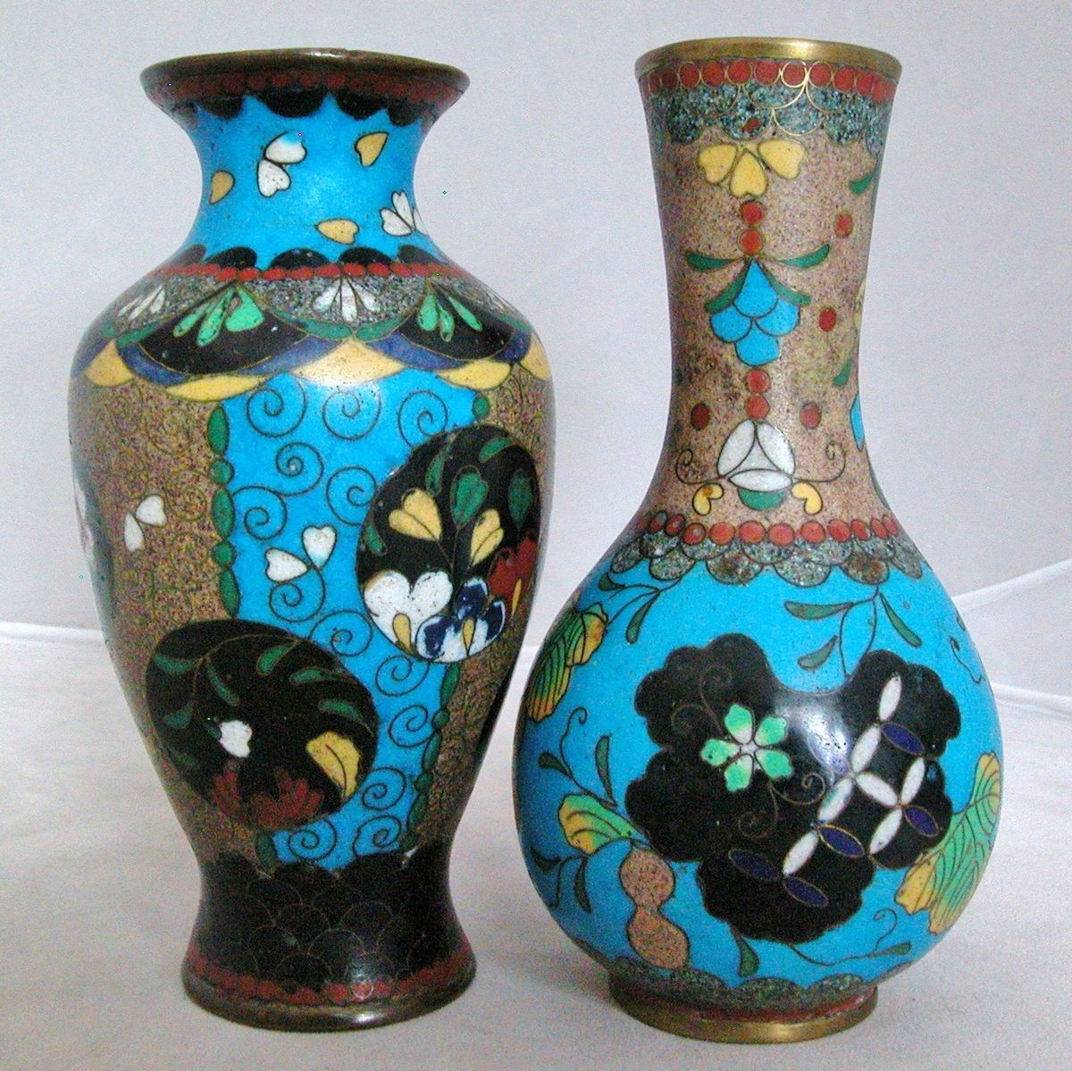 Antique Japanese Blue Black Meiji Cloisonne Vases with Flowers 4 65