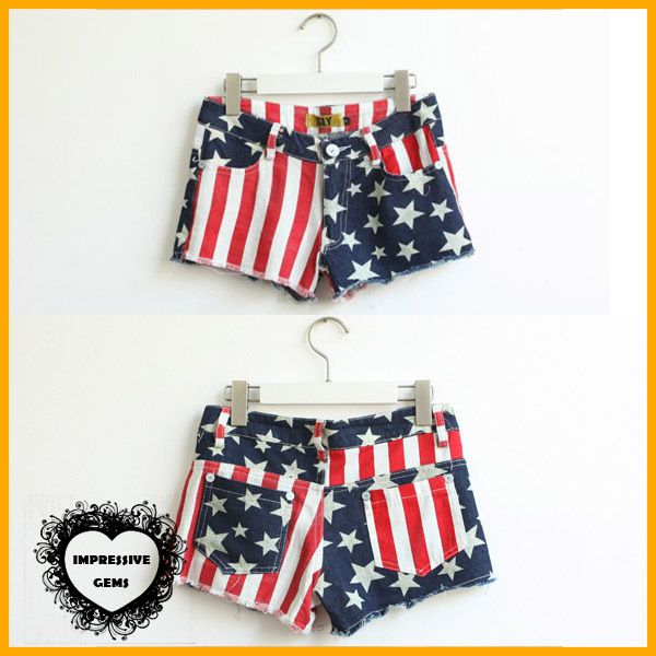 Summer Hot Short Jeans Denims Pants USA America Flag