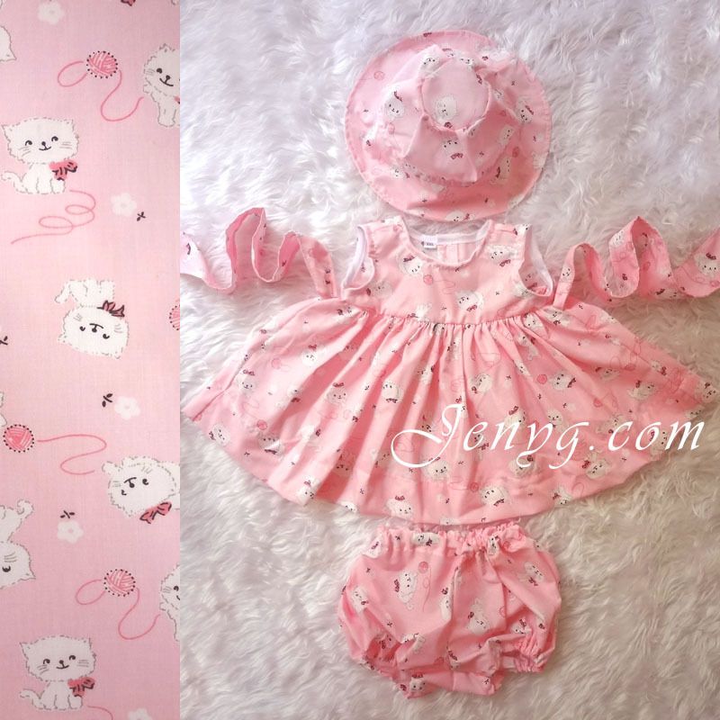 C1 Handmade Baby Girl Dress Hat Bloomers Pink with Cats Pattern 0 24