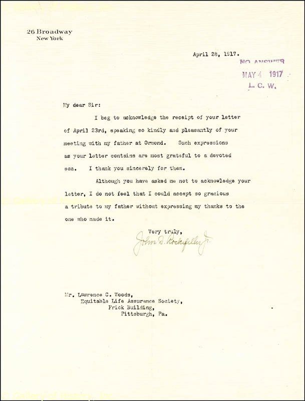 John D Rockefeller Jr Typed Letter Signed