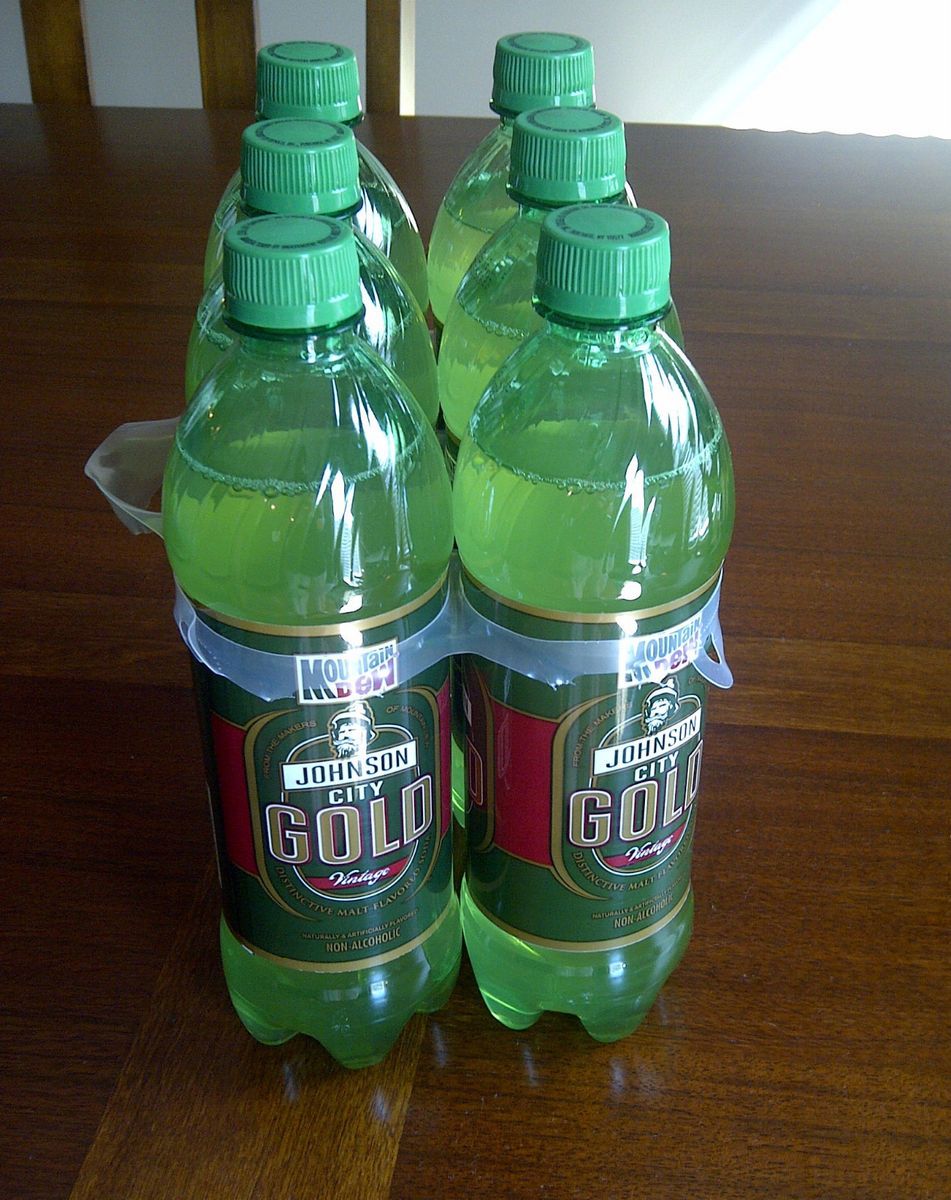Mountain Dew Vintage GOLD JOHNSON CITY full soda bottles 6 PACK LIMITED QTY  