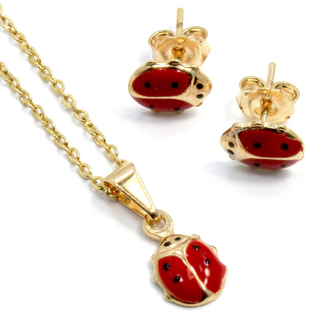 Gold 18K GF Necklace Pendant Earrings Girl Kids Red Enamel Fun
