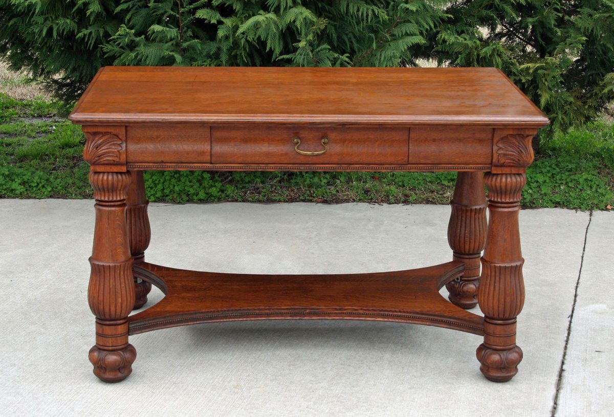 Large Antique Tiger Oak Library Table w Drawer Circa 1900