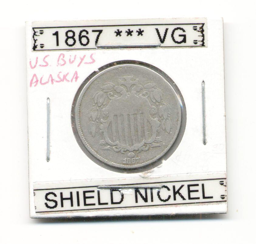 1867 FIVE CENTS UNITED STATES MINTED SHIELD NICKEL COIN 28 890 500