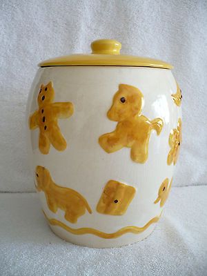 Vintage White & Yellow Ceramic Cookie Jar Cat Horse Duck Clover Star
