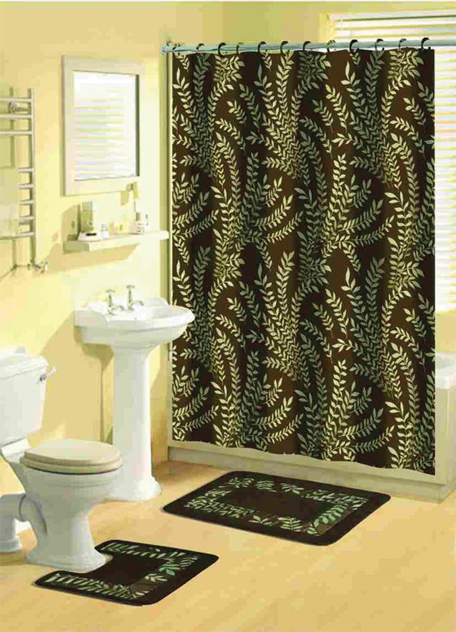 Tropical Floral Bathroom Shower Curtain with Hooks 15 Pcs Bath Contour