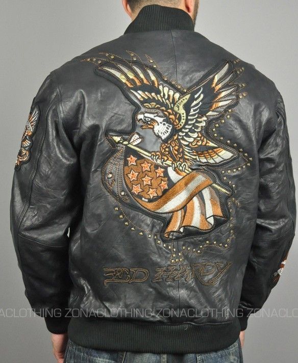 Ed Hardy Avirex American Eagle Mens Biker Leather Jacket Motorcycle