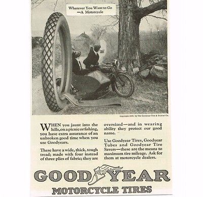 1920 Goodyear Tire & Rubber Co. Motorcycle Tires Sidecar Vintage Print